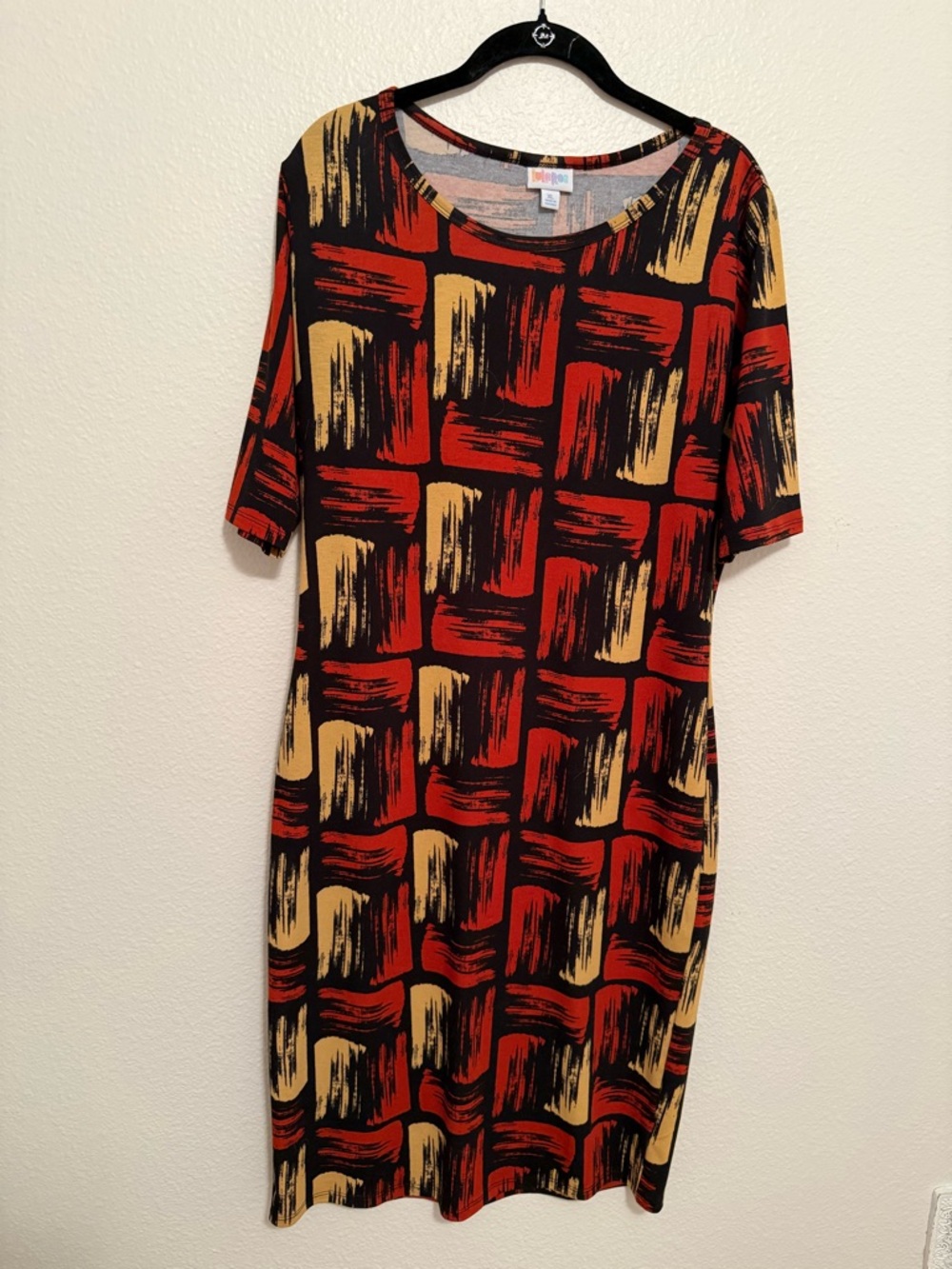 LuLaRoe Julia Dress in Red/Rust Gold & Black Abstract Brushstroke XL